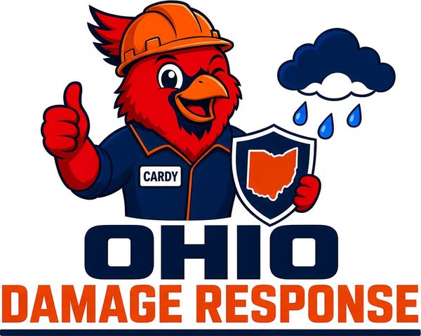 Cardy, the Ohio Damage Response cardinal mascot, in a hard hat giving a thumbs-up and holding an Ohio shield, with the Ohio Damage Response logo